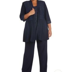 R&M Richards 2 PC Lace and Sequin Pant with Matching Jacket Navy 16W